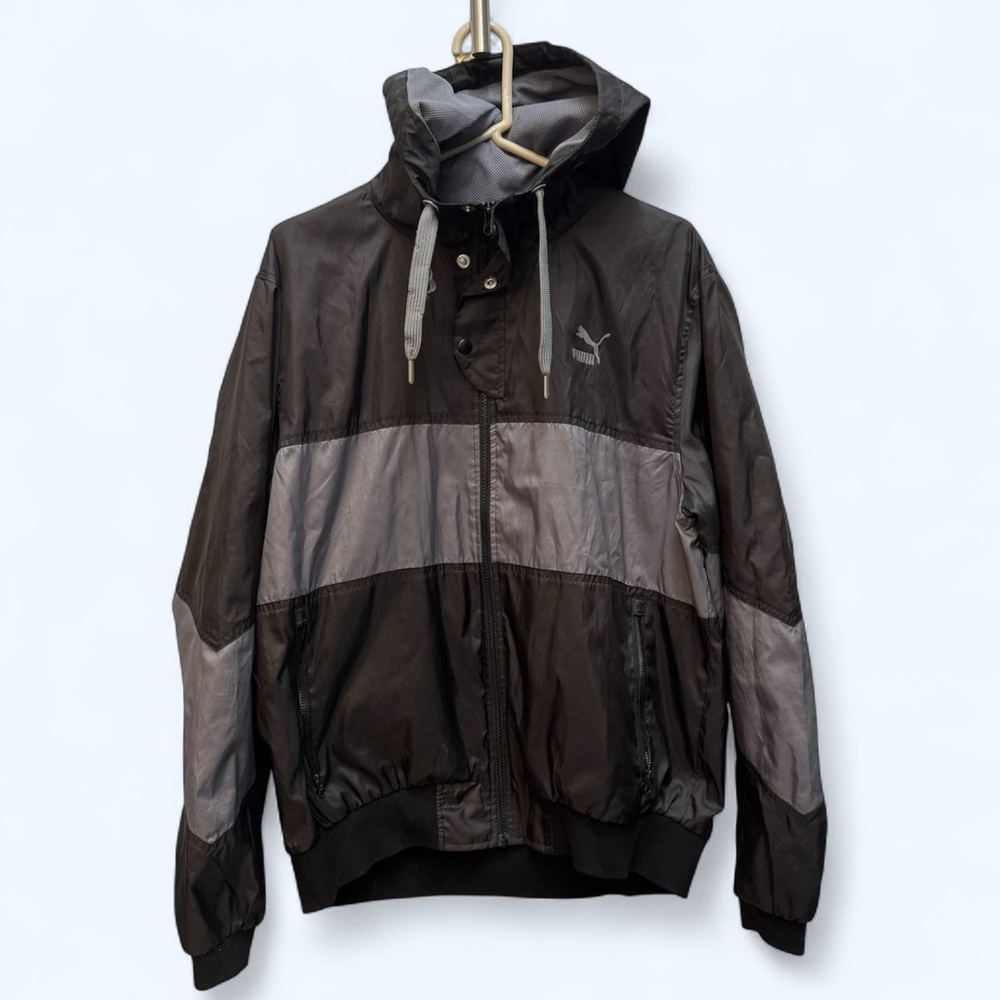 PUMA Men's Windbreaker Jacket Hooded Colorblock Black Gray Size Large